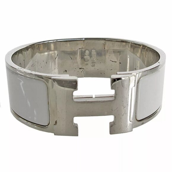 HERMES Clic Clac H Bangle Bracelet Silver / White metal/enamel